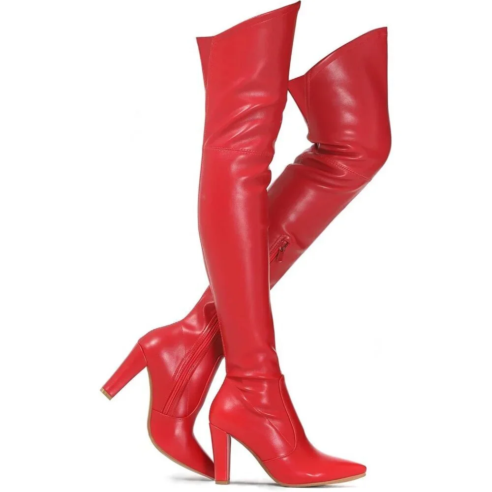Women Red Pu Suede Stretch Thigh High Over The Knee Chunky Heel Pointed Toe Boot